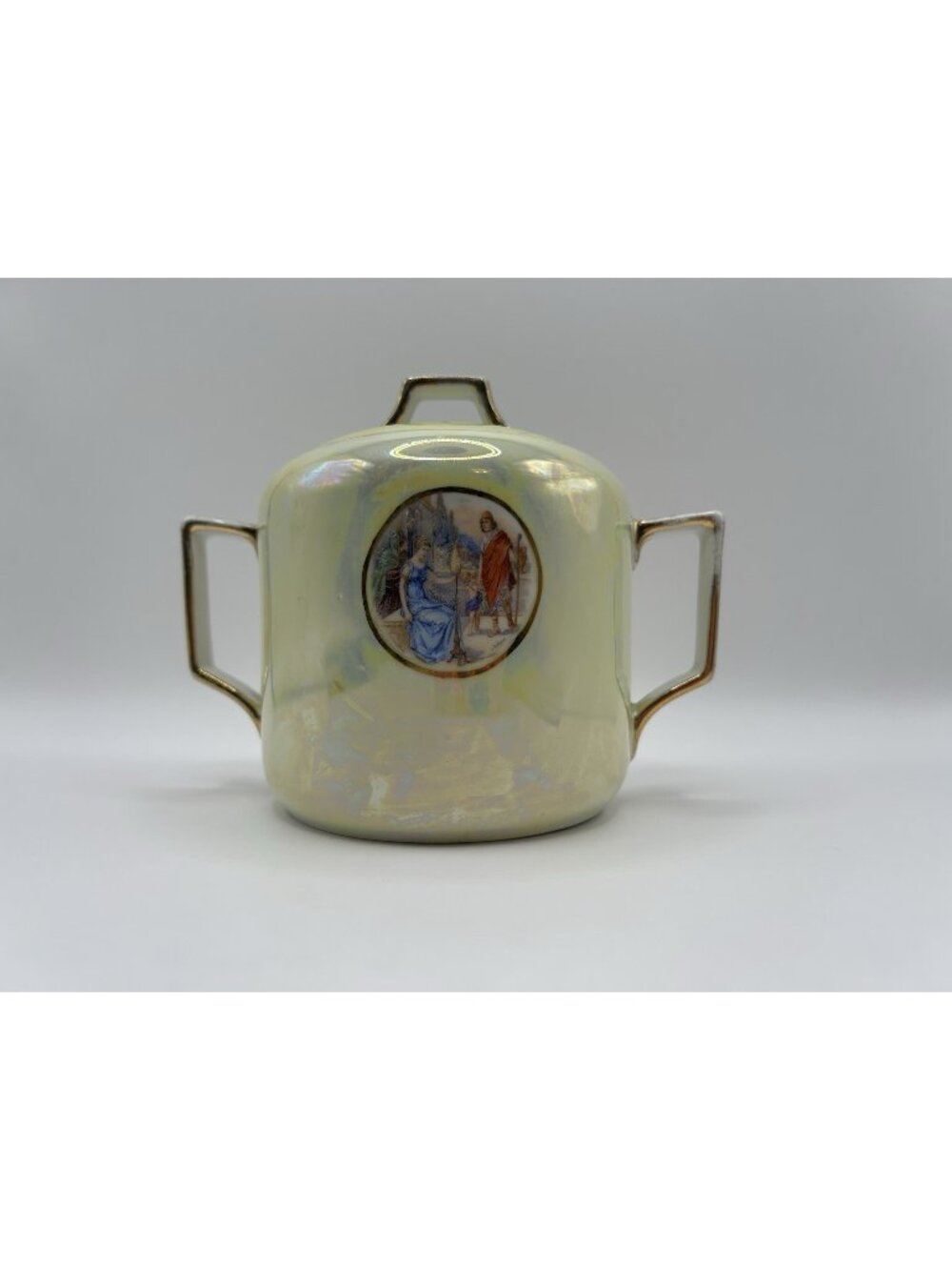 Vintage Lusterware Sugar Bowl Jar w/ Classical Scene Gold Trim Two Handles